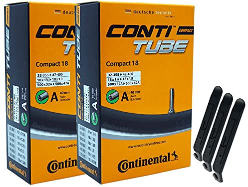 pneugo! Set 2 x Continental Fahrradschlauch 18 Zoll Autoventil 32-355/47-355 (Compact) + 3 Reifenheber