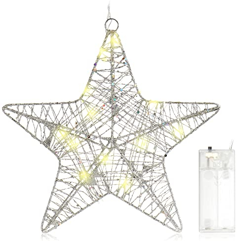 com-four® Deko LED Stern Weihnachten - Weihnachtsdekoration Stern zum Aufhängen - Weihnachtsstern aus Metall mit Pailletten - Deko Hänger