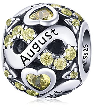 August Geburtsstein-Charms passend für Pandora-Armbänder, 925er Sterlingsilber, Liebesherz-Perlen-Charms, Geburtstagsgeschenke für Frauen