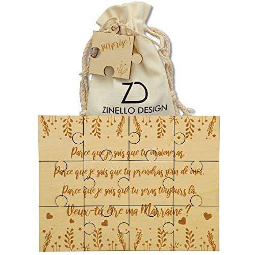 ZINELLO DESIGN - Puzzle en Bois Annonce Grossesse pour Marraine, Idee Cadeau Casse Tete Original et Personnalisé pour Faire Votre Demande, Annonce Naissance de Bébé, avec Pochette Cadeau (sans Cadre)