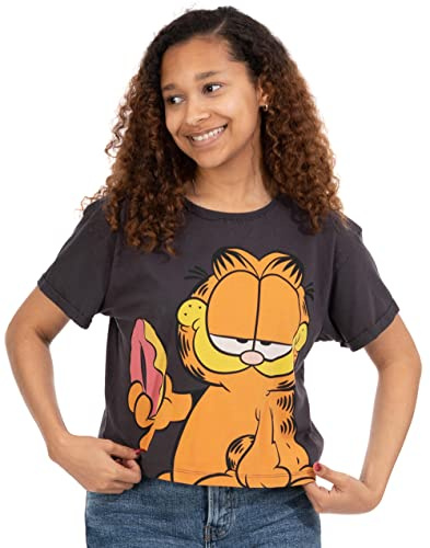 Garfield Cropped T-Shirt for Women | Ladies Doughnut Cartoon Cat Character Short Sleeve Charcoal Crop Top | Movie Merchandise Clothes X-Large