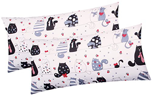 Baumwoll Renforcé Kissenbezug - 2er Set in 40x80cm - Katzen mit Pfoten, Sternen und Herzen - Kopfkissen-Bezug, Kissenhülle, Dekokissenbezug, 100% Baumwolle, Kinder (KY-Katzen-40x80)