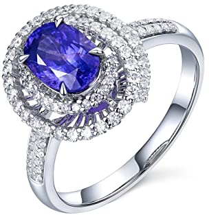 Verlobungsring Frauen, Ringe Frauen Zeigefinger 18 Karat (750) Weißgold mit 1,58ct Lila Blau Ovalschliff Saphir Größe 47 (15,0)