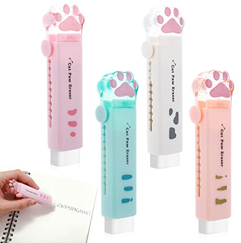 cobee Radiergummis mit niedlichen Katzenpfoten, 4 Stück, niedlicher einziehbarer Bleistift, Radiergummi Kawaii Push Pull Radiergummi kreative Radiergummis im Cartoon Stil mit Katzenpfoten 4 Farben