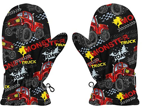 Poeticcity Red Truck Car, Trace of Tire, Drive and Speed on Black Boys Girls Elastic Ski Snow Winter Gloves, Cold Weather Warm Mittens Adjustable Full Finger Fleece Insulated Gloves M(7.8 in)