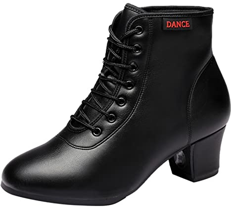 SDEQA Damenmode-Tanzstiefel Mit Mittlerem Absatz Leder Latin Modern Dance Schuhe Zum Schnüren Für Drinnen Und Draußen