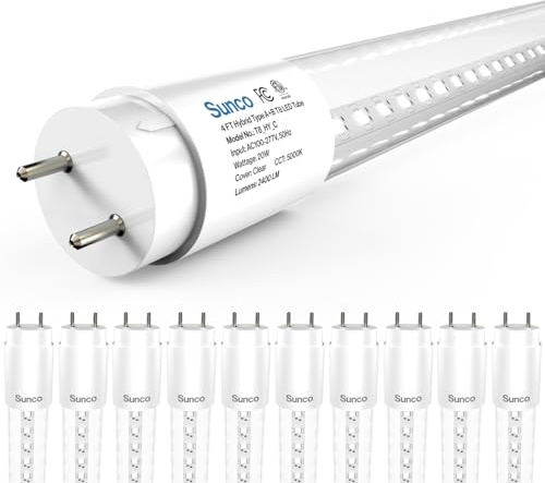 Sunco 10 Pack 4 Foot T8 LED Tube Light Bulbs, 5000K, 20W, Hybrid A+B
