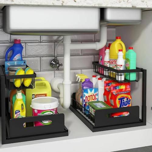 Aoresac Organizador Cocina 2 Paquete Organizador Deslizantes 2 Niveles para Debajo del Fregadero, Organizador Extraíble Estante Almacenamiento Debajo Fregadero, Debajo Fregadero Forma de L (Negro)