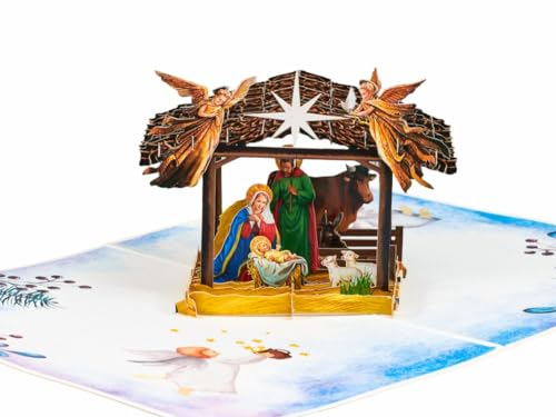 Magic Moments® Weihnachtskrippe 3D Pop-Up Karte – Weihnachtskarte mit Maria, Josef und Jesuskind – Herzliche 3D Weihnachtsgrußkarte für Familie, Freunde und Liebste mit magischem Umschlag