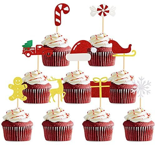 Blumomon 36 Stück Fröhliche Weihnachten Cupcake Topper Glitzernden Schneeflocken,Süßigkeiten,Hüten,Geschenk Elfen Kuchen Dekorationen für Weihnachts