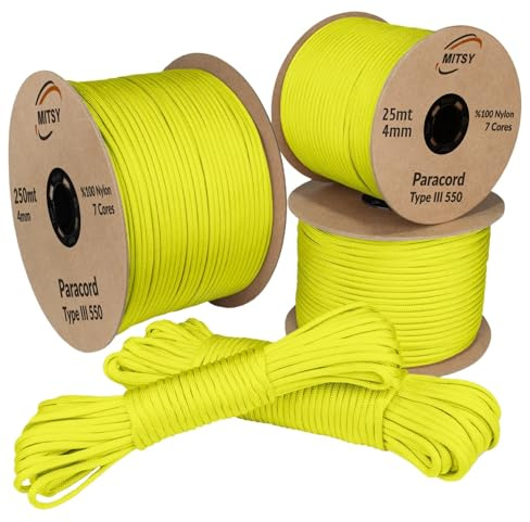 MITSY Paracord 550 Typ III Nylon Schnur 4 mm 25 Meter Phosphorgelb | Fallschirmschnur, 7 Kern Seil, Reißfest & Wetterfest, Allzweckseil für Camping, Outdoor & Survival, 10m, 25m, 50m, 100m, 250m