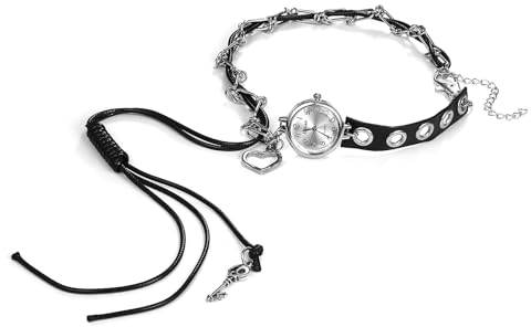 JewelryWe Damen Taschenuhr Leder Kette: Gothic Herz Choker Halskette Schwarz Leder Halsband mit Uhr Analog Quarz Kettenuhr Geschenk für Frau Schwester Freundin