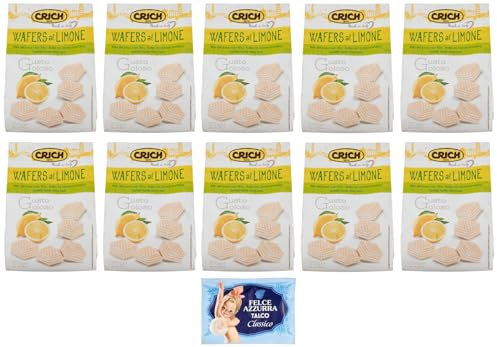10x Crich Wafer con Crema al Limone, Waffle Wafers, Snack Dolci Busta da 250g + 1 Confezione di Talco Felce Azzurra in omaggio, Busta da 100g