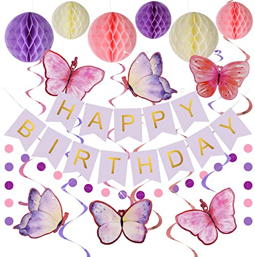 Lsoar Lila Geburtstagsdekorationen, Alles Gute zum Geburtstag Banner mit 16pcs Schmetterlinge Hanging Swirl Luftschlangen, 12pcs Honeycomb Bälle, Geburtstag Party Dekorationen für Frauen Mädchen