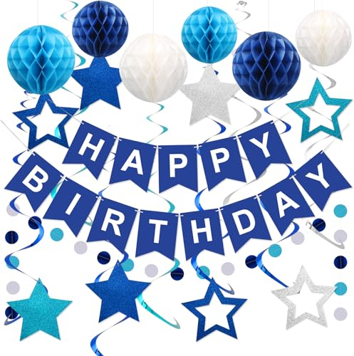 Lsoar Geburtstagsdeko, Marineblau Happy Birthday Banner mit Wabenball, Stern hängende Wirbel Streamer Kreis Punkt Girlande Dekroationen, Geburtstagsfeier Dekorationen für Männer Jungen