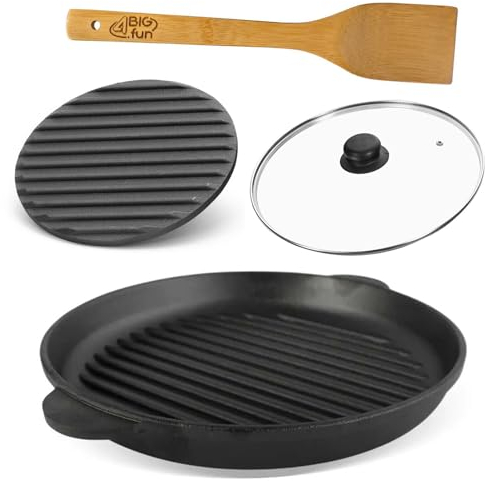 4BIG.fun Ø28cm Grillpfanne aus Gusseisen Bräter mit Pressdeckel Glasdeckel Pfannenwender Schmortopf zwei Griffe Servierpfanne Grill