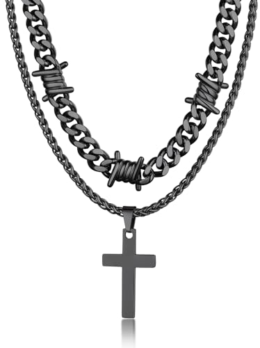 Bandmax Männer Layered Kette mit Kreuz Anhänger Edelstahl Herren Doppelte Halskette Set Dornen Panzerkette Schwarz Gliederkette 50CM Doppelkette Kubanisch Kette Kreuzkette Halsschmuck für Bruder
