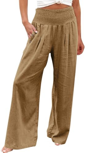 Leinenhose Damen Sommer Freizeithose Leinen Leicht Casual Yogahose Einfarbig Elegant Palazzo Hose Weites Bein Hose Baumwolle Bequeme Stoffhose Hohe Taille Strandhose mit Taschen(#D Khaki,M)