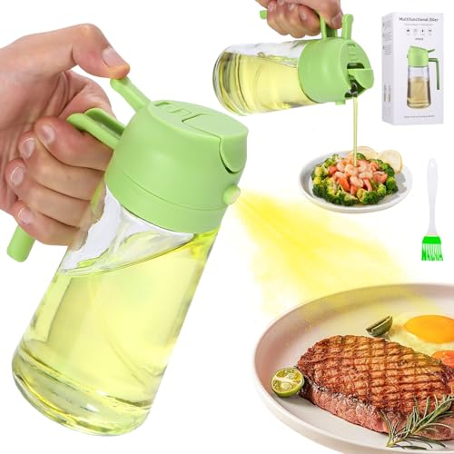 Toaren 2 en 1 Pulverizador Aceite Spray Aceite Cocina para Freidora Aire,470ml Aceitera Antigoteo Rociador Para Cocinar Vaporizador Aceite con cepillo aceite para Cocinar,Barbacoa,Ensalada(Verde)