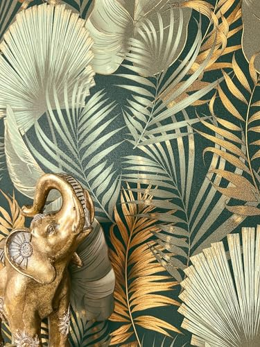 NEWROOM carta da parati Verdi Giungla Tessuto non Tessuto - Moderno Oro Metallico Foglie Foglie di Palma Tropicale