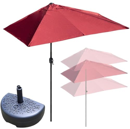 WANGCEPLSD Balkon Schirm, Halber Sonnenschirm, Rechteckiger Gartenbalkonschirm mit Sockel, Höhenverstellbarer Sonnenschutz, Wasserdicht und UV-Schutz(Color:Wine red)