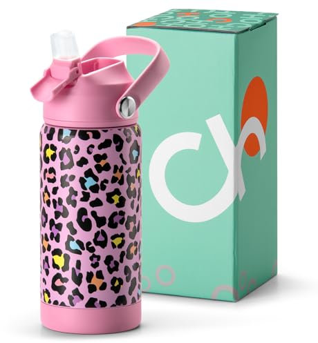 Choco Mocha Edelstahl Trinkflasche Kinder mit Strohhalm, Trinkflasche Mädchen Auslaufsicher, Thermosflasche Wasserflasche Kinder 500ml, Spülmaschinenfest, BPA-frei, Tragegriff, Rosa Leopard