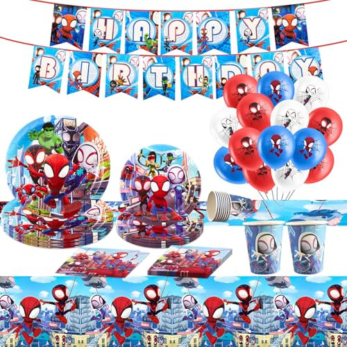 100 Pcs Spide Birthday Decorations, Kids Party Tableware Set Party Decorations with Paper Plates Cups and Napkins Balloon Banner, Spider Hero Themed Party Supplies for Boys