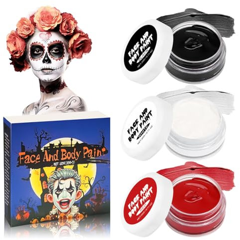 ALLONY Pintura Cara Halloween, Pintura Facial, Maquillaje Blanco Halloween, Pegatinas de Tatuaje, Adecuado para Transformación de Maquillaje para Halloween, Fiestas Temáticas, Rojo, Negro, Blanco