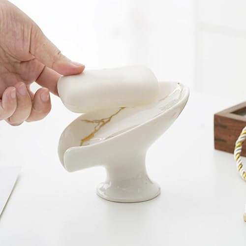 Minicoco Leaf Shaped Ceramic Soap Holder Soap Dish with Drainage Self Draining Soap Dish for Kitchen Bathroom Shower (White)
