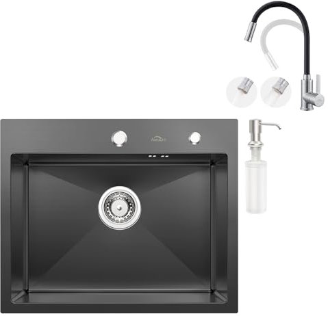 Auralum Spülbecken Rechteckig 55x45cm + Flexibler Küchenarmatur mit 2 Strahlarten, Einbauspüle inkl. Seifenspender und Siphon + Wasserhahn Küche Schwarz