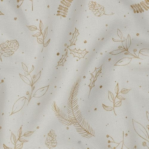 Keine Meterware, Canvas Stoffe zum Nähen, Stoff für Kinder, 100% Baumwolle, fest: 1m fester Canvas Baumwollstoff mit Blätter und Mistelzweige - gold weiß off white - Christmas Weihnachtsstoff