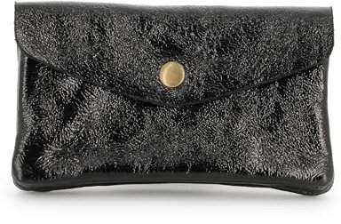 Double Tree - Porte-Monnaie Femme en Cuir Véritable Irisé Élégant - Petit Portefeuille Brillant à Rabat Format Enveloppe Mi-Long - Léger et Pratique - Noir