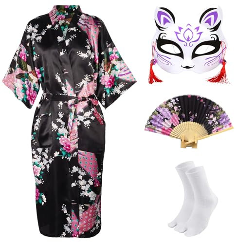CRFASIBE Kimono Japonaise pour Femmes, Japonais Traditionnel Yukata Femme, Paon Peignoir, Courte Kimono Geisha Cosplay Costumes avec Accessoires (Noir,XL)