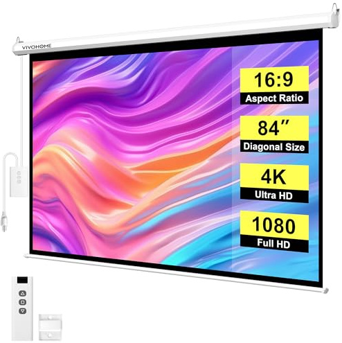 VIVOHOME Motorized Projector Screen with Remote, 16:9 84 Inch Auto Electric Projection Screen, HD 4K Movie Screen for Home Theater, Cinema, Office (73 x 41 White)
