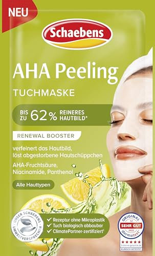 Schaebens AHA Peeling Tuchmaske - RENEWAL BOOSTER, verfeinert das Hautbild, löst abgestorbene Hautschüppchen mit AHA-Fruchtsäure, Niacinamide und Panthenol für alle Hauttypen