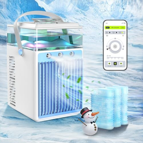 Mini Klimageräte Luftkühler, 4 in 1 USB Tragbare Mobile Klimaanlage mit 6-Eiskästen and App-Steuerung,3 Geschwindigkeits Mini Verdunstungs Klimagerät Air Cooler für Hause, Büro,Reise