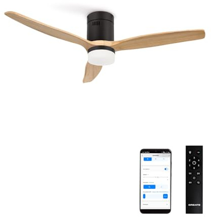 CREATE / WINDCALM NATURAL WOOD M/Ventilador de techo con luz negro aspas madera clara con Wifi y mando / 40W, Temporizador,Ø132 cm, 6 velocidades, 3 temperaturas de luz, función verano-invierno