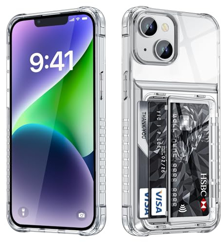 Vunake Klar für iPhone 14 Hülle mit Kartenfach Wallet Max 4 Karten Handyhülle iPhone 14 Thin Claer TPU Kartenfach Case Stoßfest Handy Hülle iPhone 14 Schutzhüllen 6,3 Zoll,Anti-Yellowing