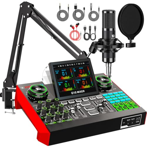 TENLAMP Kit Podcast avec Microphone Condensateur 3,5 mm et Table de Mixage Audio, Équipement Streaming avec Changeur de Voix, Réduction du Bruit pour Streaming, Gaming, Chant et Création de Contenu