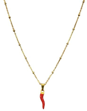 SiLo Bijoux Collier pour femme et homme, chaîne Roló, boules en acier inoxydable 316L, avec pendentif corne rouge porte-bonheur