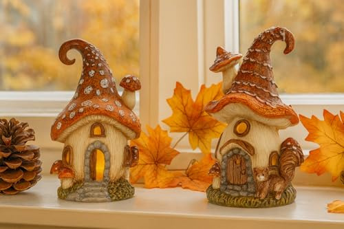 Pilzhaus mit LED - Licht Pilz Haus Deko Herbst (2er Set Pilzhaus)