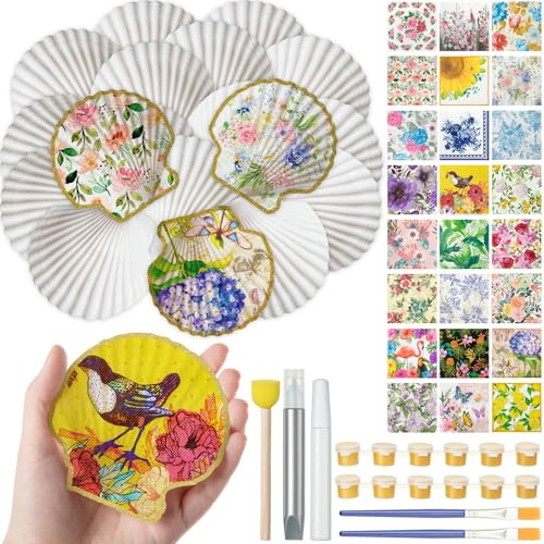 Crtiin 48 Pcs Decoupage Kit, 18 Scallop Shells 24 Napkins Paints, Flower