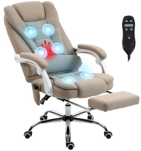 Vinsetto Fauteuil de Bureau Massant et Chauffant Toile de Lin Beige | Chaise de Bureau, Chaise Ergonomique, Hauteur Réglable, Dossier Inclinable, Télécommande Filaire, Pivotant à 360°