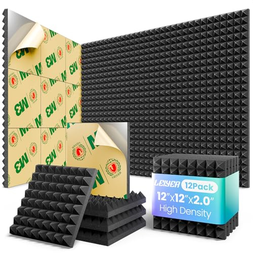 LEIYER Acoustic Panels 12 pack Self-Adhesive 2X12X12 Quickly-Expand Foam