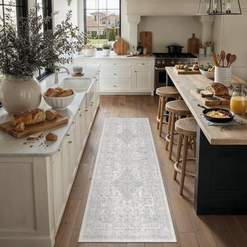 PureCozy Waschbarer LäUfer Flur Grau Vintage Teppich 60x180cm | Weich Kurzflor Carpet, Rutschfest, Küche, Bettvorleger,Eingangsbereich, Schlafzimmer, Esszimmer