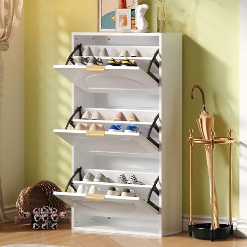 Terahanda Schuhkipper Schmal mit 3 Klappen, Schuhschrank, Schuhschrank Weiss Schuhkommode für Flur Wohnzimmer,Maße:60 x 24 x 114cm (White)