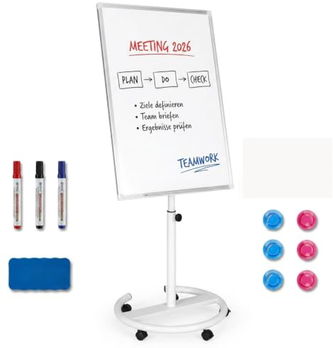 Whiteboard mit Ständer, fahrbar höhenverstellbar, Flipchartständer 70x100 | Weiß – Höhe 157-195 cm, magnetische Tafel, 5 Rollen mit Bremse & Papierhalter für Büro & Schule