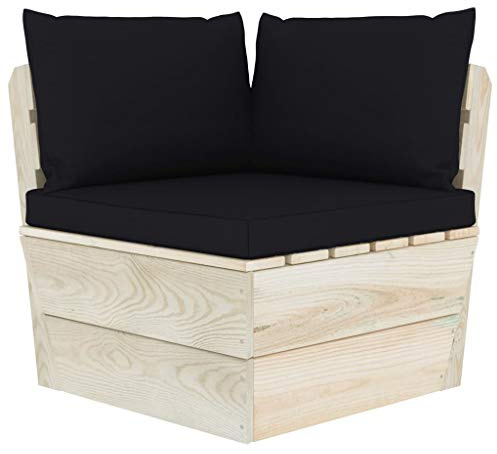 WRJENFSC Garten-Paletten-Ecksofa mit Kissen, Eckelement aus imprägniertem Fichtenholz für Terrasse und Balkon, Modulares Outdoor-Sofa Palettenmöbel mit Sitzpolster, Schwarz, 60x60x65 cm
