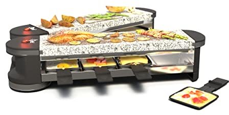 SUNTEC Raclette Grill RAC-7079 Flex8 stone/stone – Mini Tischgrill für 8 Personen – 8 Pfannen + 8 Spatel als Zubehör Set – Doppelseitige Steinplatte aus Granit – Mit Drehgelenk – 1400 Watt