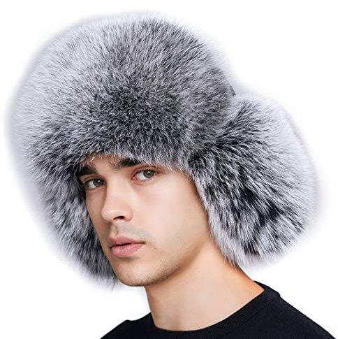 BeFur Flaumige Pilotenmütze Echte Fuchs Waschbär Fell Trappermütze mit Ohrenklappe Fliegermütze M blau frost